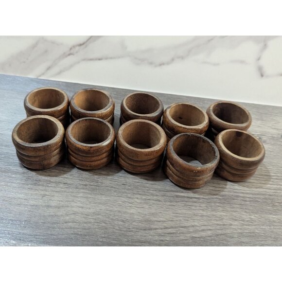 Wooden Napkin Rings Set Of 10 Vintage Rustic Style Farmhouse - Picture 2 of 5